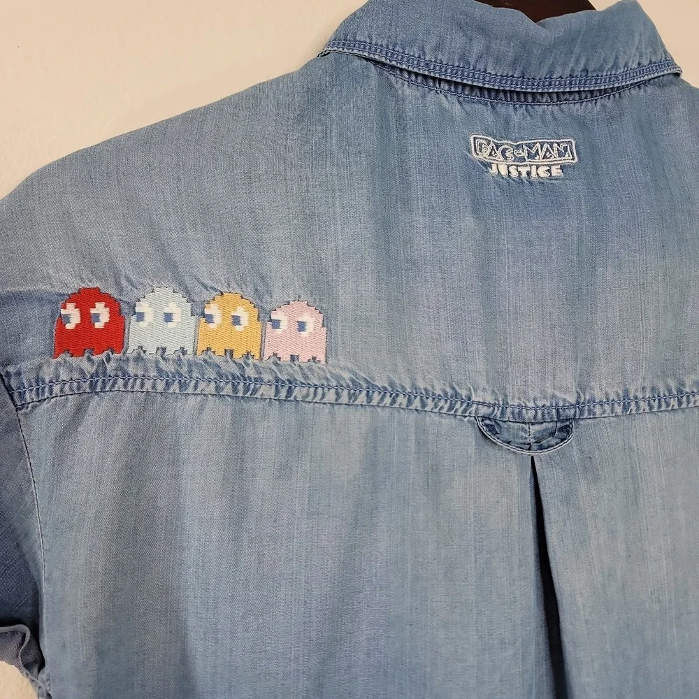 Justice Girls Pac-Man Ghost Gang Chambray Button Up Shirt Sx 12 14 L Embroidered